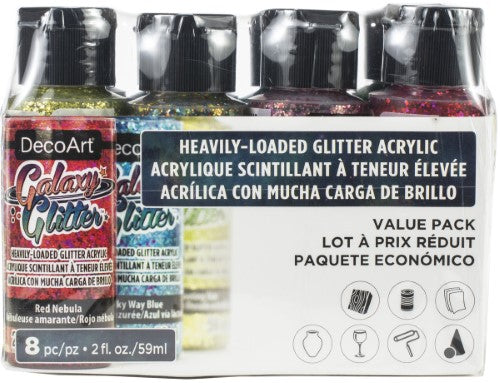 Decoart 8-Pack Galaxy Glitter featuring eight vibrant colors and mixed sizes for dazzling DIY projects.