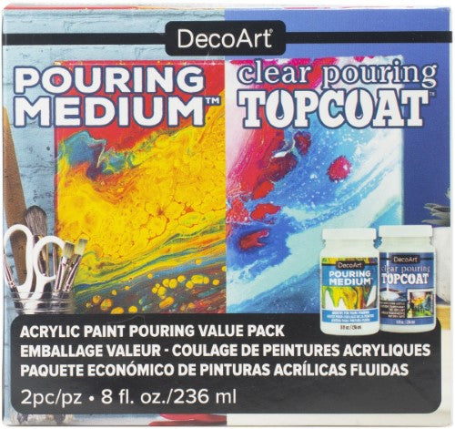 Decoart 8oz Pouring Value Pack of 2 for fluid acrylic art with pouring medium and crystal-clear top coat.