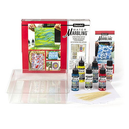 Decoart Water-Marbling Starter Kit with tools, vibrant colors, and papers for creating unique marbled designs on various surfaces.