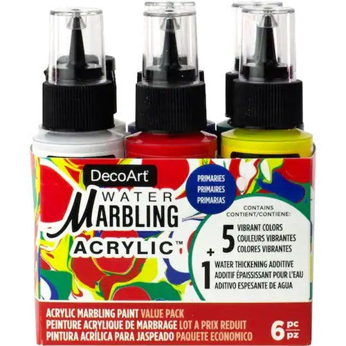 DecoArt Water Marbling Paints in primary colors for creating unique patterns on water; includes 6 bottles and Marbling Magic Medium.