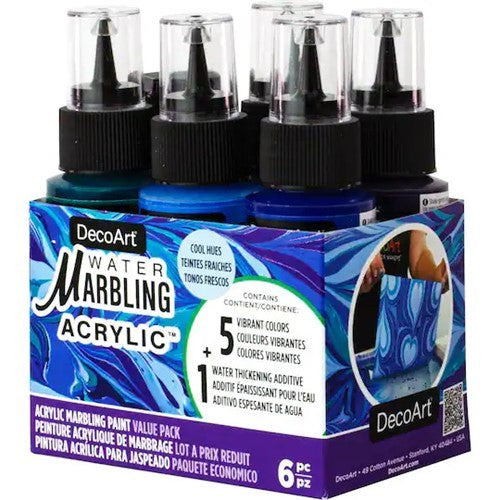 DecoArt Water Marbling Paints Cool Hues Pack of 6, featuring vibrant acrylic colors for unique water marbling designs.