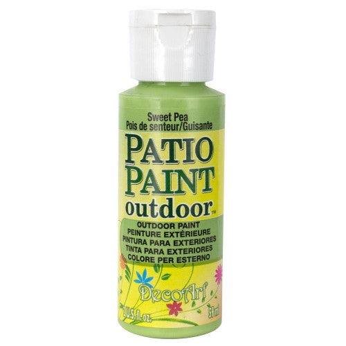 Outdoor acrylic paint in Sweet Pea color, perfect for revitalizing patios and outdoor furniture with a satin finish.