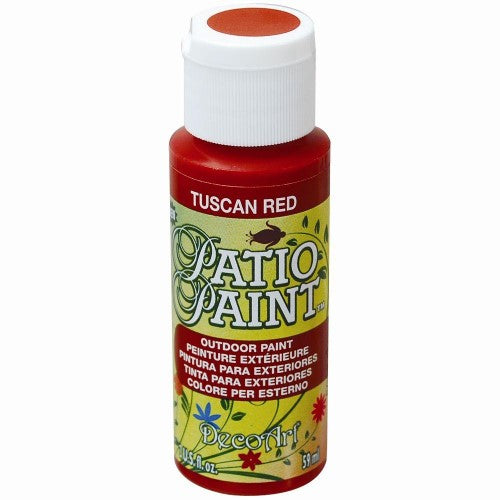 2oz Tuscan Red Patio Paint for vibrant outdoor art, featuring superior adhesion and a scuff-resistant satin finish.