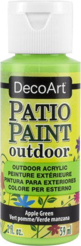 2oz bottle of Apple Green PATIO PAINT, ideal for revitalizing outdoor furniture and surfaces with a durable, weatherproof finish.