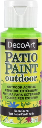 Vibrant 2oz Neon Green patio paint for outdoor DIY projects, ideal for concrete, wood, and decor with a satin finish.
