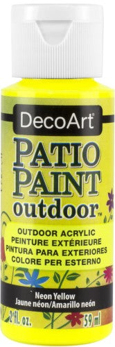 Vibrant 2oz neon yellow patio paint for outdoor projects, offering durability and excellent coverage for creative decor.