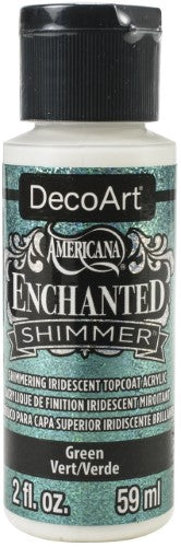 Americana Enchanted Shimmer 2oz Green paint with iridescent finish, perfect for elevating crafts and mixed media projects.