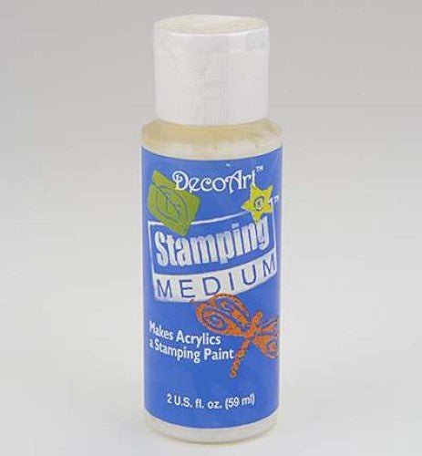 DecoArt 2oz Stamping Medium bottle for enhancing acrylic paint vibrancy and achieving flawless stamping effects.