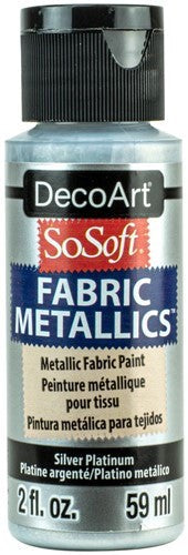 Decoart Sosoft Metallic Paint in Silver Platinum, a 2oz fabric paint offering shimmer and durability for creative projects.