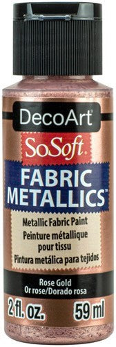 Decoart Sosoft Metallic Paint in Rose Gold, perfect for fabric projects with a vibrant metallic finish and soft texture.