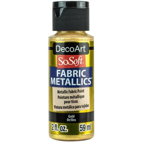 DecoArt SoSoft Metallic Paint in Gold, 2oz, ideal for fabric crafting with a soft, shimmering finish.