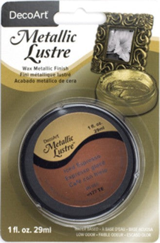 Decoart Metallic Lustre Wax in Iced Espresso, a 59ml metallic finish for enhancing wood and metal crafts with ease.