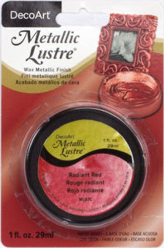 Decoart Metallic Lustre Wax in Radiant Red, a 59ml jar for striking metallic finishes on various surfaces.