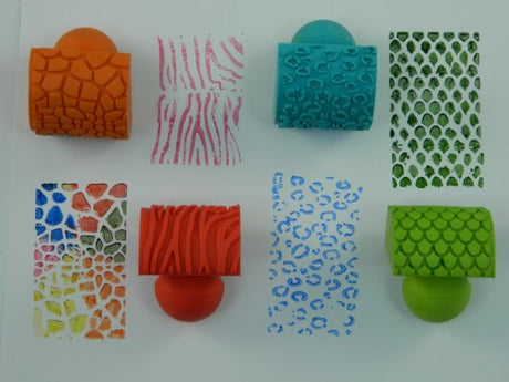Set of 4 vibrant animal pattern rockers for kids, featuring zebra, fish scales, alligator, and snake designs.