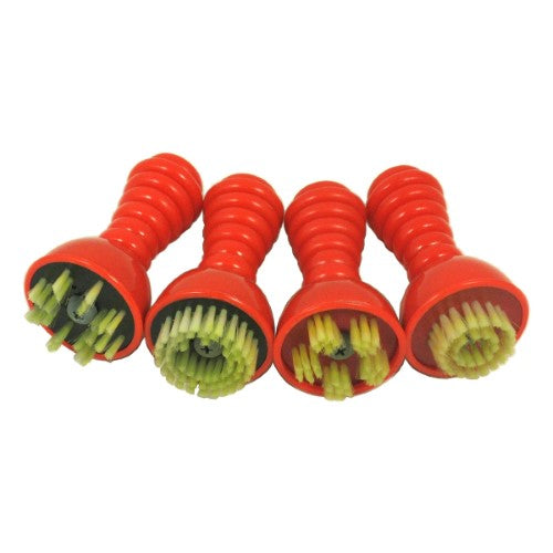 Set of four creative brushes with easy-grip red handles for children's crafting and artistic exploration.