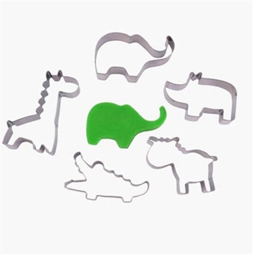 Set of 5 jungle animal metal cookie cutters including a lion, elephant, monkey, giraffe, and zebra for fun baking.