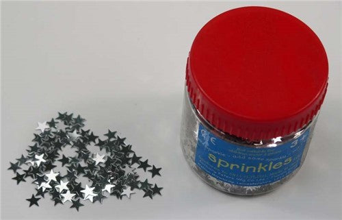 Silver star-shaped sprinkles for decorating desserts, adding sparkle and crunch to cakes, cupcakes, and cookies.