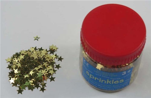 Gold star-shaped edible sprinkles in 50g pack, perfect for decorating cakes and desserts with elegance.