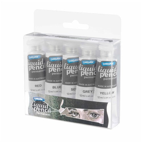 Derivan Liquid Pencil Set with 5 vibrant 12ml tubes for smooth application in art and calligraphy.