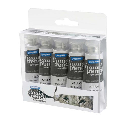 Derivan Liquid Pencil Set of 5x12ml tubes, offering vibrant colors and rewet capabilities for precise artistic creations.
