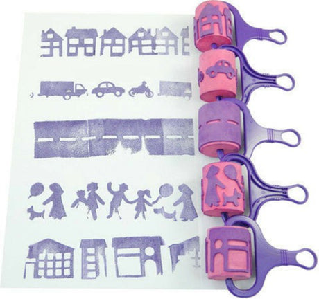 Set of 5 town-themed foam painting rollers for kids; safe, easy-grip for creative fun and fine motor skill development.