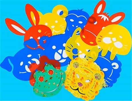 Set of 8 reusable plastic face mask stencils featuring animal designs for creative mask-making fun.