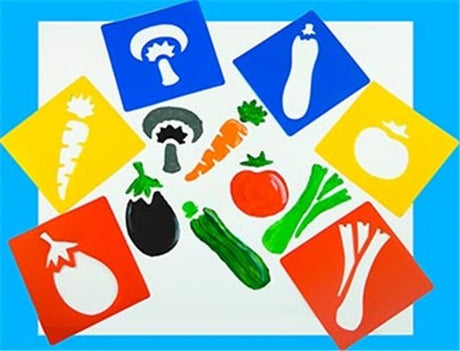 Durable, washable vegetable stencils designed for kids' creativity and skill development in various art mediums.