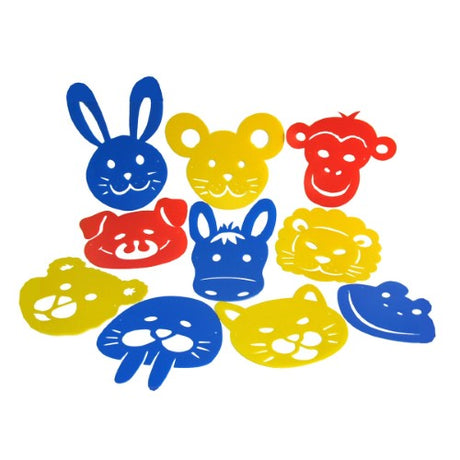 Durable plastic stencils for children to create colorful masks, promoting creativity and fine motor skills.