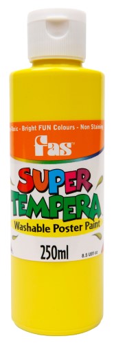 Fas Super Tempera 250ml Dp Yellow paint, non-toxic and washable, ideal for vibrant artwork and educational projects.