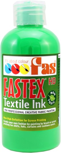 Vibrant 250ml Fluo Green heat set ink for fabric printing, ensuring colorfastness and wash resistance.