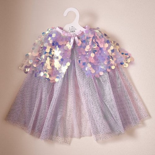 Holographic purple sequin mermaid shell cape, 49cm, perfect for imaginative dress-up and ocean-themed parties.
