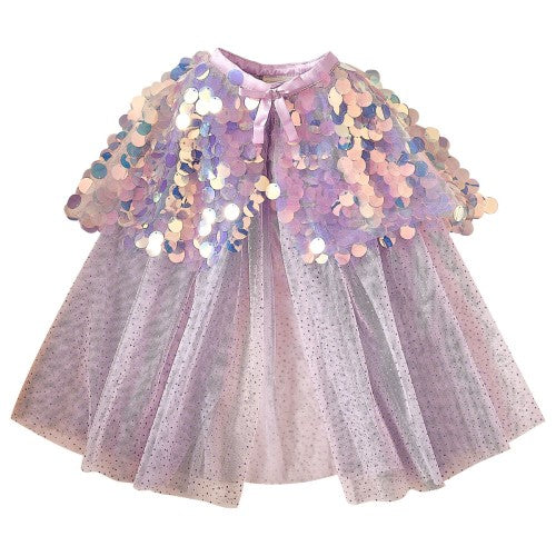 Holographic purple sequin mermaid shell cape, 49cm, perfect for dress-up and themed parties, adds magical sparkle.