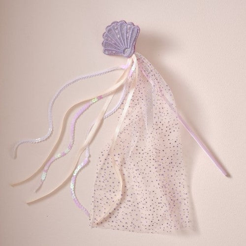 Purple sequin mermaid shell wand, perfect for dress-up, parties, and imaginative play.