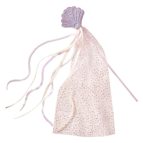 Purple sequin mermaid shell wand, perfect for dress-up, parties, and imaginative play for little mermaids.