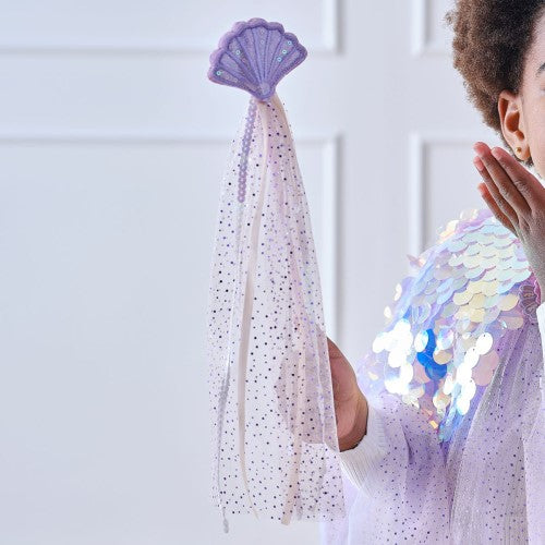 Purple sequin mermaid shell wand, perfect for dress-up and imaginative play, sparking joy for little mermaids.