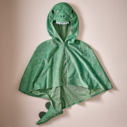 Vibrant green dinosaur cape for kids aged 3-8, ideal for dress-up fun and imaginative play.