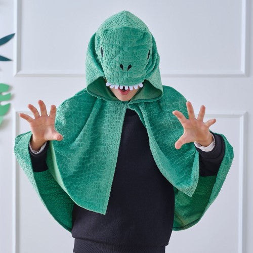 Vibrant green dinosaur cape for kids aged 3-8, perfect for imaginative play and dress-up adventures.
