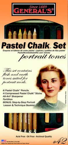 Pastel Chalk Set with flesh tones, pencils, sticks, sharpener, and lesson booklet for realistic portrait artwork.
