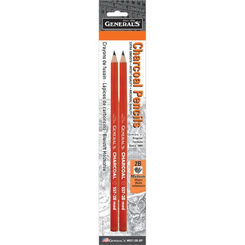 Two 2B charcoal pencils in a blister pack, perfect for artists seeking rich, blendable black for detailed artwork.
