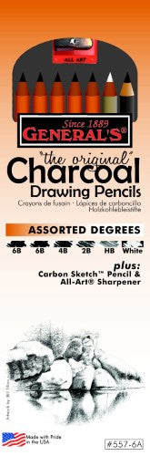 Set of 6 assorted charcoal drawing pencils with sharpener for versatile artistic creations.