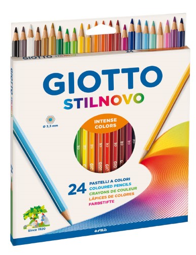 Giotto Stilnovo Pencils Box of 24, vibrant hexagonal colored pencils with smooth 3.3 mm lead for artists.