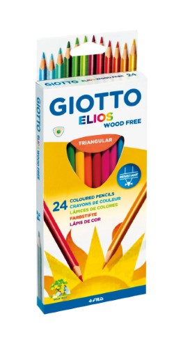 Set of 24 Giotto Elios tri pencils, vibrant colors, wood-free, break-resistant, ideal for artists of all ages.