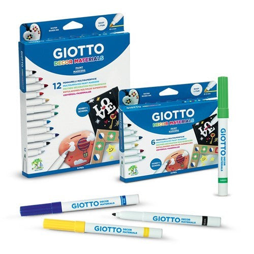 Giotto Decor Marker Set 12 with 12 vibrant colors, ideal for art on various surfaces, safe and easy cleanup.