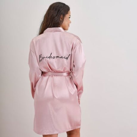 Pink satin bridesmaid dressing gown with black embroidery, one size fits most, 60cm width x 90cm length.