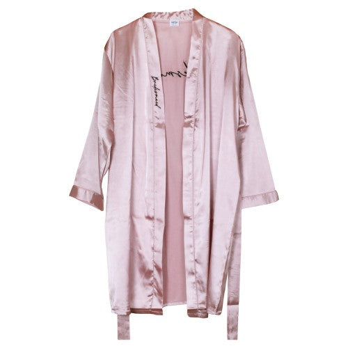 Pink satin bridesmaid dressing gown with black embroidery on lapel and back, one size fits most.