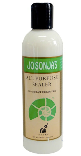 Jo Sonja's All Purpose Sealer 250ml for enhancing paint adhesion on various surfaces with a clear finish.