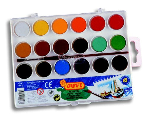 Set of 18 vibrant Jovi watercolour bars in 22mm for creative painting, ideal for artists aged 8 and up.