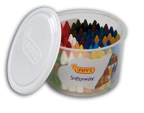 Vibrant Jovi Softy Wax Bucket with 75 ergonomic crayons, ideal for young artists to inspire creativity and support development.