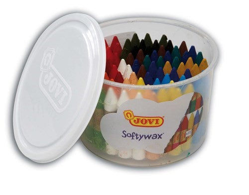 Vibrant Jovi Softy Wax Bucket with 75 ergonomic crayons, ideal for young artists to inspire creativity and support development.