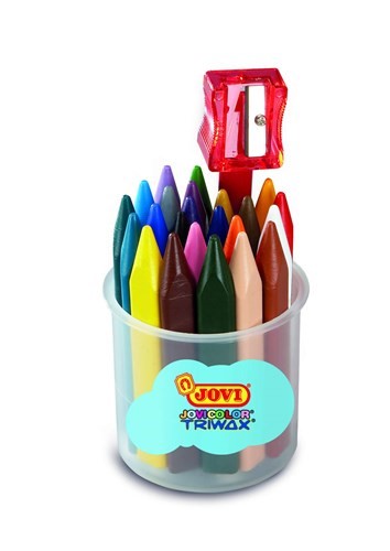 Jovi Triwax Crayon Jar 24 features vibrant, durable triangular crayons for young artists, promoting creativity and fine motor skills.
